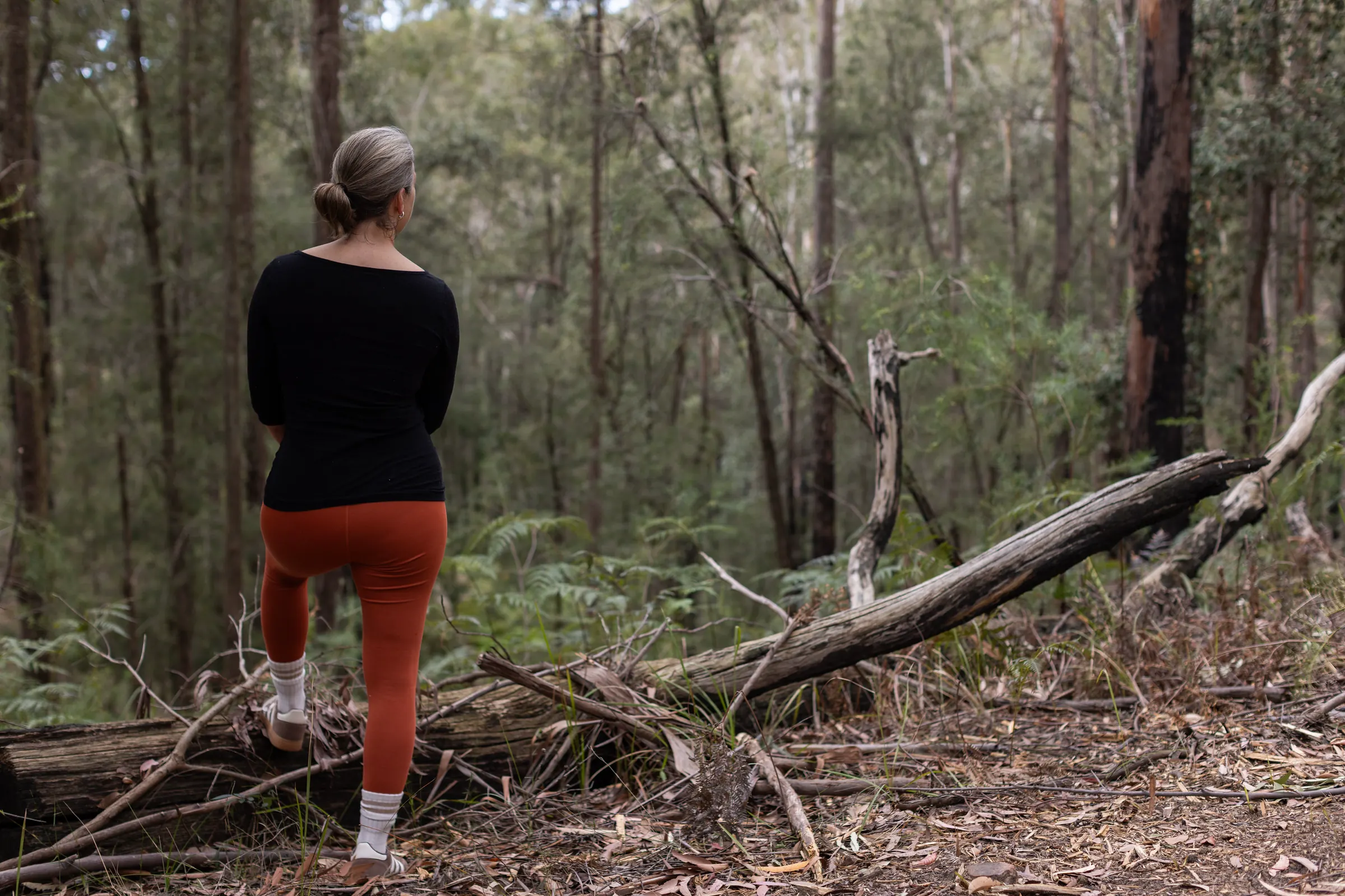 A guest steps up onto a fallen log and looks out into the bush