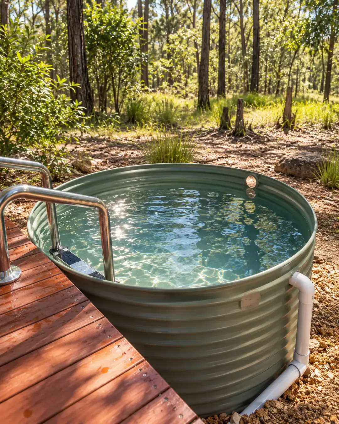 The small plunge pool beside a timber deck, with gum trees behind