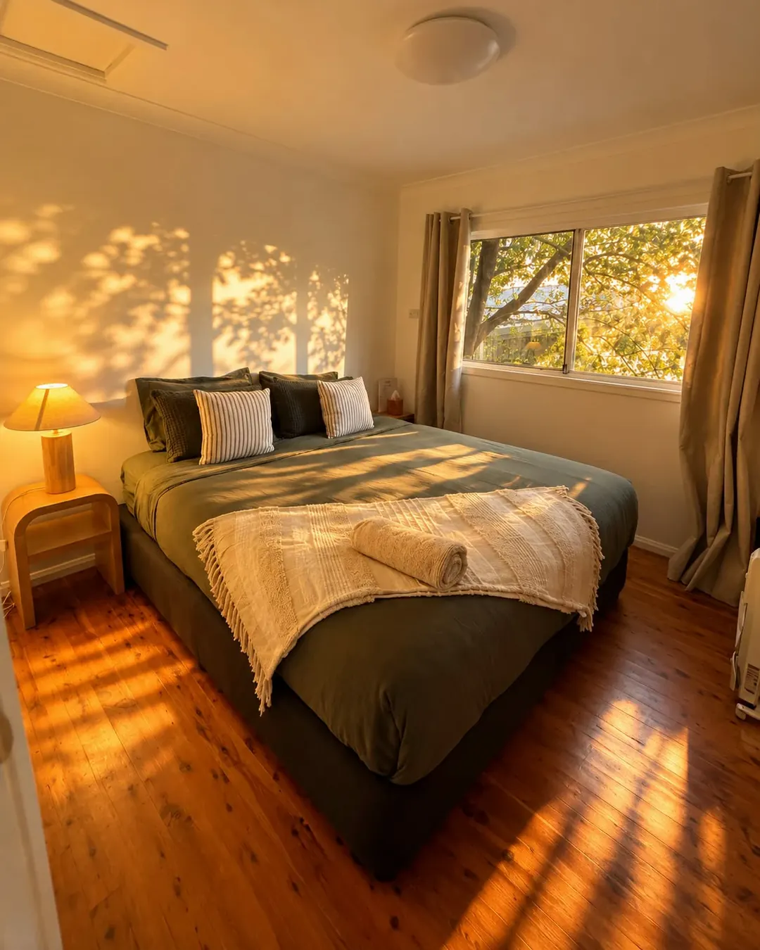Eucalyptus: a king bed with green linen and a cream throw, a lamp on a bedside table and sunlight through the window