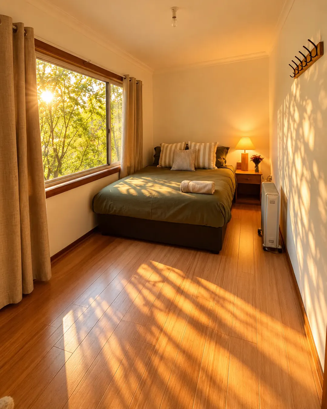 Sun Room: a bed with green linen and striped cushions under a big window onto the trees, with a bedside lamp