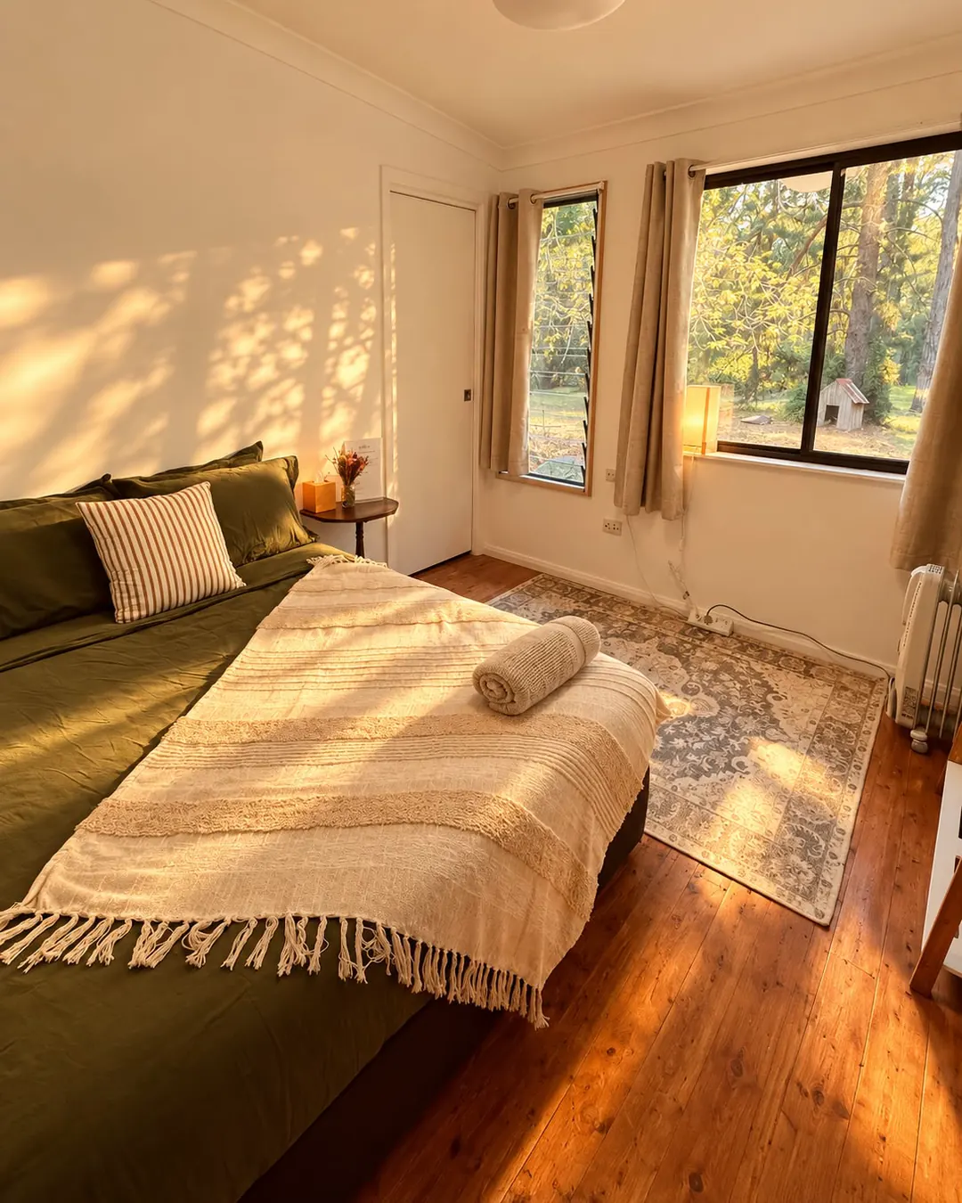 Woods: a double bed with dark green linen and a cream throw, a rug and windows onto tall trees