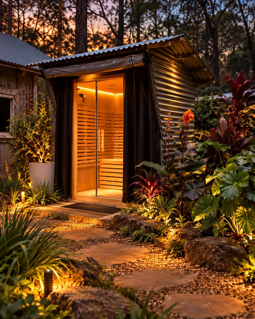 The sauna cabin lit warm at dusk, with a stepping-stone path through the garden