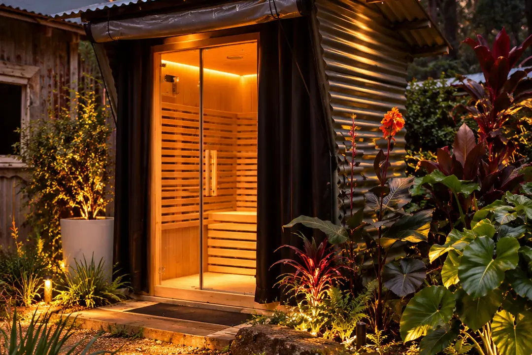The sauna cabin lit warm at dusk, with a stepping-stone path through the garden