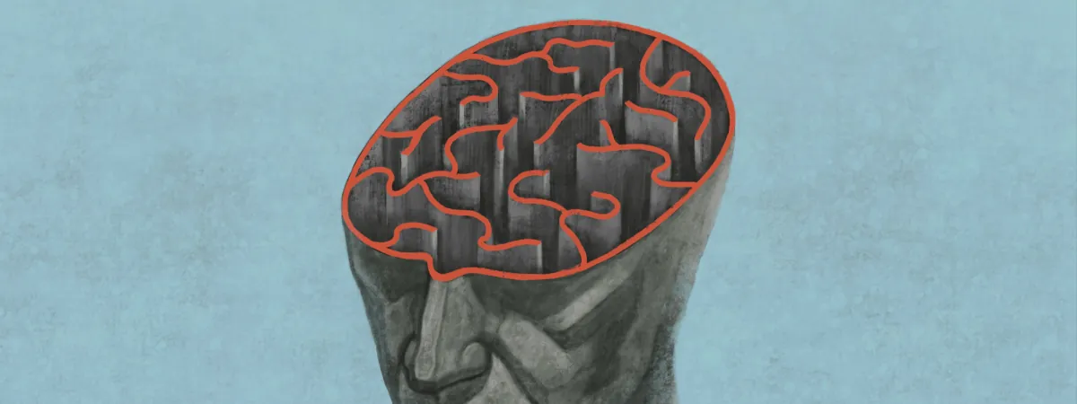A drawing of a head with a maze for a brain