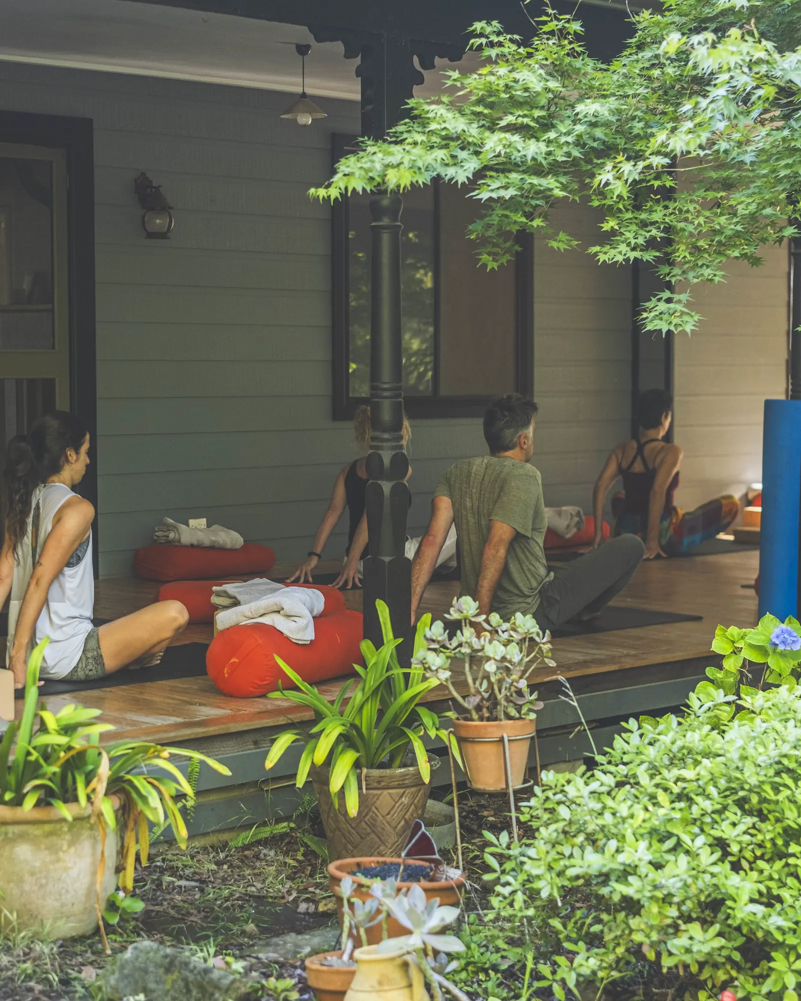 Yoga on the verandah among pot plants
